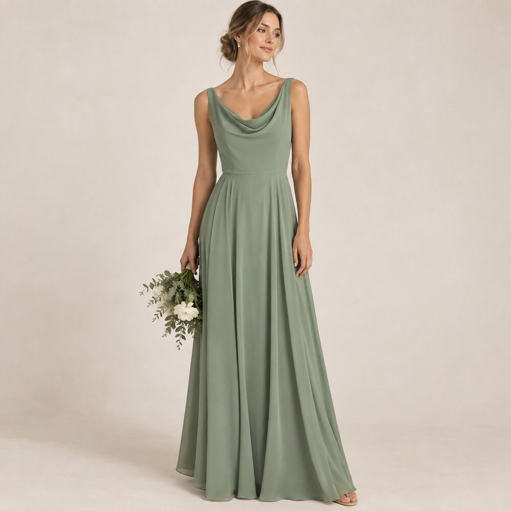 Jenny Yoo Liana Eucalyptus Sage Green Cowl Neck Maxi Dress Size 0